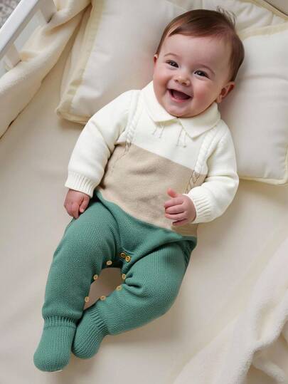 SHEIN 婴儿绅士风格连体衣彼得潘领经典粗针织新生儿连体衣，简约时尚