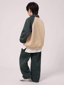 2 件儿童/青少年男童休闲日常百搭舒适 Polo 领半拉链撞色袖套头衫和宽松针织裤套装 - 彩色 - 查看 2