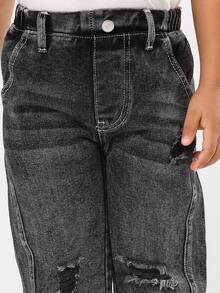 SUMWON 棉质儿童破洞宽松牛仔裤，带破洞细节，灰色牛仔工装裤，常规版型，休闲街头风格，冬季时尚裤装