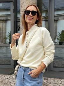 Vivie Lora Women's Ruffled Half-Placket Cute Long Sleeve Sweater Fall/Winter - Apricot - View 1