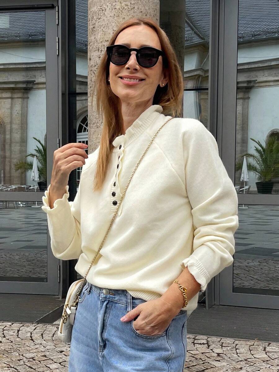 Vivie Lora Women's Ruffled Half-Placket Cute Long Sleeve Sweater Fall/Winter - Apricot - View 1