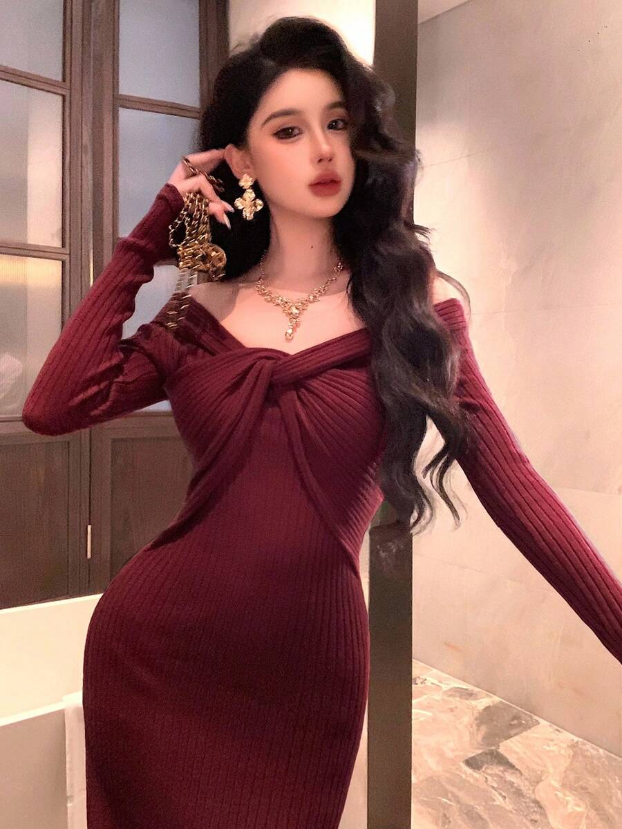 DAZY Women's Elegant Solid Color Off Shoulder Twist Knitted Sweater Dress, Autumn Red Women Dresses Prom Dress