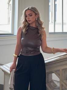 Jeta Ari Women's Round Neck Sleeveless Fitted Pleated Charming Elegant Fashion Tank Top - Brown - View 6