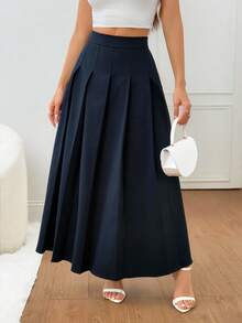 SHEIN PETITE 女士纯色百褶长款优雅通勤裙 - 藏蓝色 - 查看 9