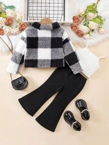 SHEIN Babygirl 毛绒格子夹克、针织上衣和裤子三件套，秋冬 - 黑與白 - 查看 2