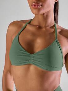 Musera Sport Solid Ruched Bust Open Back Halter Sports Bra, Active Comfy Workout Gym Running Run Club Gym Yoga Pilates Fitness Daily Casual - Army Green - View 6