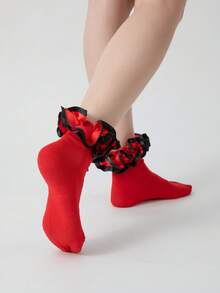 ROMWE Kawaii 女士纯色荷叶边中筒袜 - 鮮紅色 - 查看 2