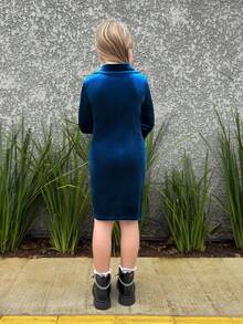 SHEIN Váy xếp ly cổ bẻ màu trơn cho bé gái tuổi mới lớn - Màu xanh lam - Xem 6