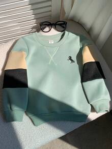 Kids Young Boys Thermal Lined Thick Color Block Patchwork Contrast Color Loose Fit Drop Shoulder Pullover Autumn Sweatshirt, Suitable For Winter - Mint Green - View 3