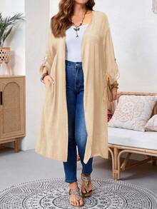 EMERY ROSE 大码纯色口袋休闲百搭长袖夹克 - 杏色 - 查看 3