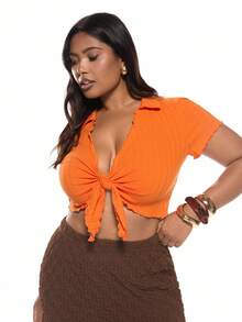 Solavibe Camiseta de talla grande para mujeres con solapa con volantes y unicolor con nudo - Naranja - Ver 5