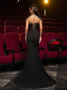 Glamrae Elegant And Gorgeous Sequins And Stretch Knit (With A Detachable Gorgeous Pearl Pendant Shawl) With Gorgeous Sequins And See-Through Fishbone Handmade Luxurious Three-Dimensional Appliqués. Fishtail Style And Extra-Long Train. Suitable For All Formal Occasions, Weddings, Festivals, Halloween, Bachelorette Parties, Business Dinners, Gothic Style, Black Wedding Dresses, Women's Evening Dresses - Black - View 4