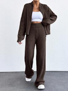 EURMUSE Drop Shoulder Zip Up Cardigan & Knit Pants - Brown - View 6