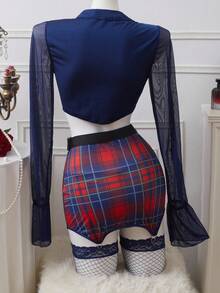 SHEIN 万圣节角色扮演服装套装：短款上衣 + 丁字裤 + 吊袜裙 + 2 双袜子 + 可调节腰带（6 件套） - 彩色 - 查看 6