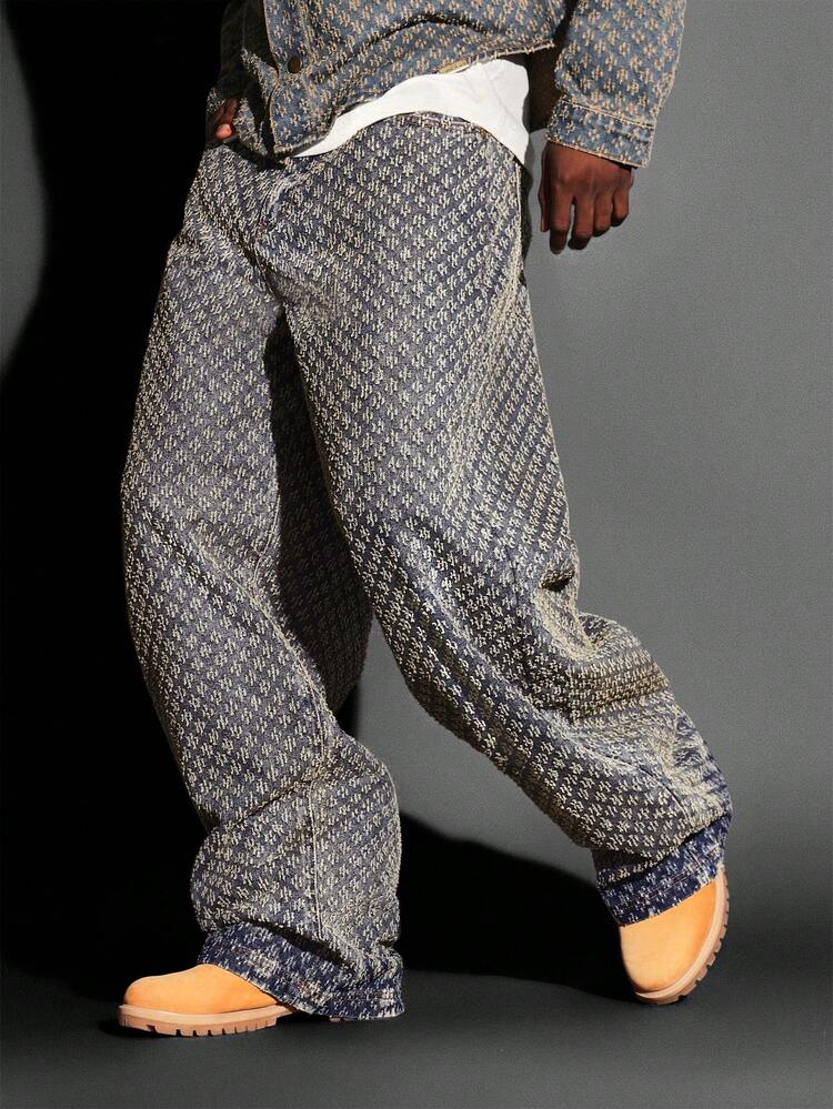 Wide Leg Baggy Monogram Pattern Denim Jeans