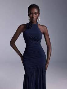 Elitara Elegant Halter Neck 3D Floral Bust Ruched Mesh Sheer Fishtail Bridesmaid Dress - Navy Blue - View 3