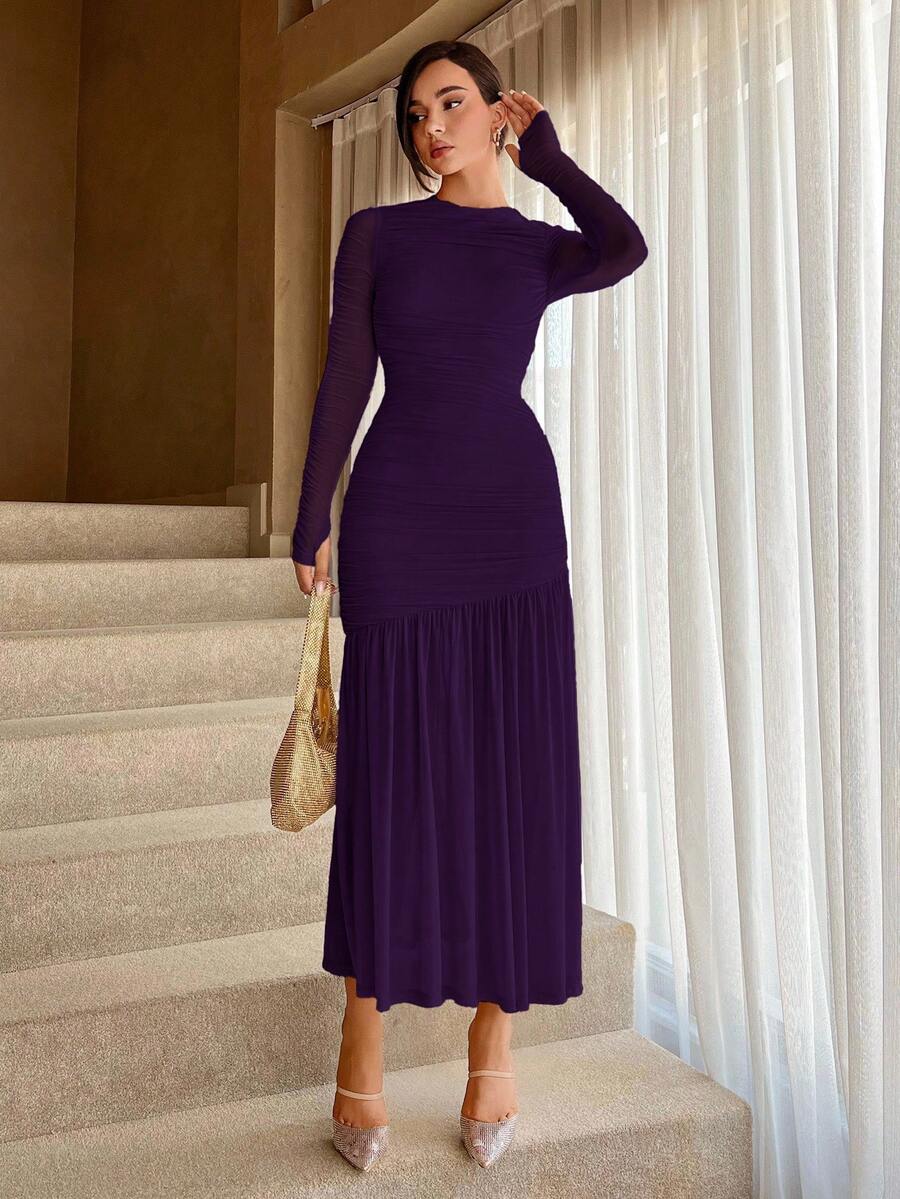 Aloruh Women's Elegant Party Solid Color Ruched Dress - Bold Plum - View 1