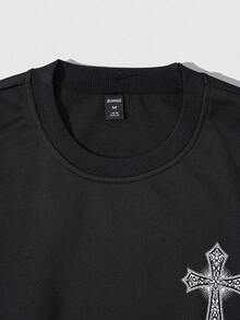 ROMWE MEN Goth Men's Wing & Cross Print Casual Pullover Sweatshirt, For Fall - Black - View 5