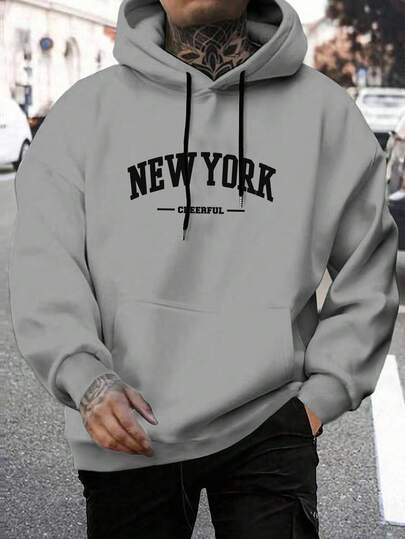 Manfinity Homme Men's Letter Print Long Sleeve Drawstring Hooded Sweatshirt With Pockets, Casual For Autumn/Winter Graphic Hoodies Street Wear Gray Graphic Hoodie New York Hoodie Gray Hoodie Men Mens Graphic Hoodie Daily Leisure, Weekend Trips, Outdoor Activities, Travel Expeditions, Relaxed Work Environments Or Semi-Formal Occasions,Boyfriend/Husband Gift, Anniversary Gift