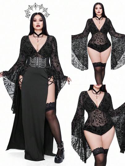 Whyspr Tuta elegante da donna taglie forti, con scollo a V, maniche lunghe a zampa, in tessuto floccato e in rete, stile vintage punk goth, adatta per feste e Ognissanti