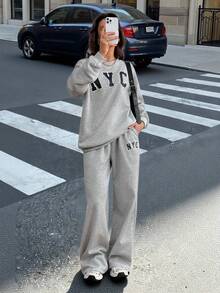 SHEIN Tall 2pcs Women NYC Off-Shoulder Loose Sweatshirt And Flared Long Sweatpants Set, Thick Thermal Lined, Suitable For Autumn/Winter Back To School Teacher - Grey - View 14