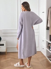Louniche 女士休闲宽松针织长袍、开衫和短裤套装 - 淺灰紫 - 查看 2