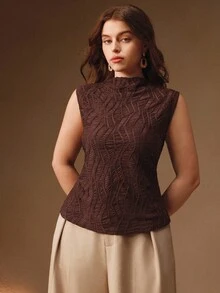 Anewsta Plus Size Women Solid Color Textured Fabric Sleeveless Ruffle Collar Fitted Tank Top, Suitable For Spring, Summer, Going Out, Elegant, Formal, Party, Chic, New Year, Christmas, Graduation - Coffee Brown - View 6