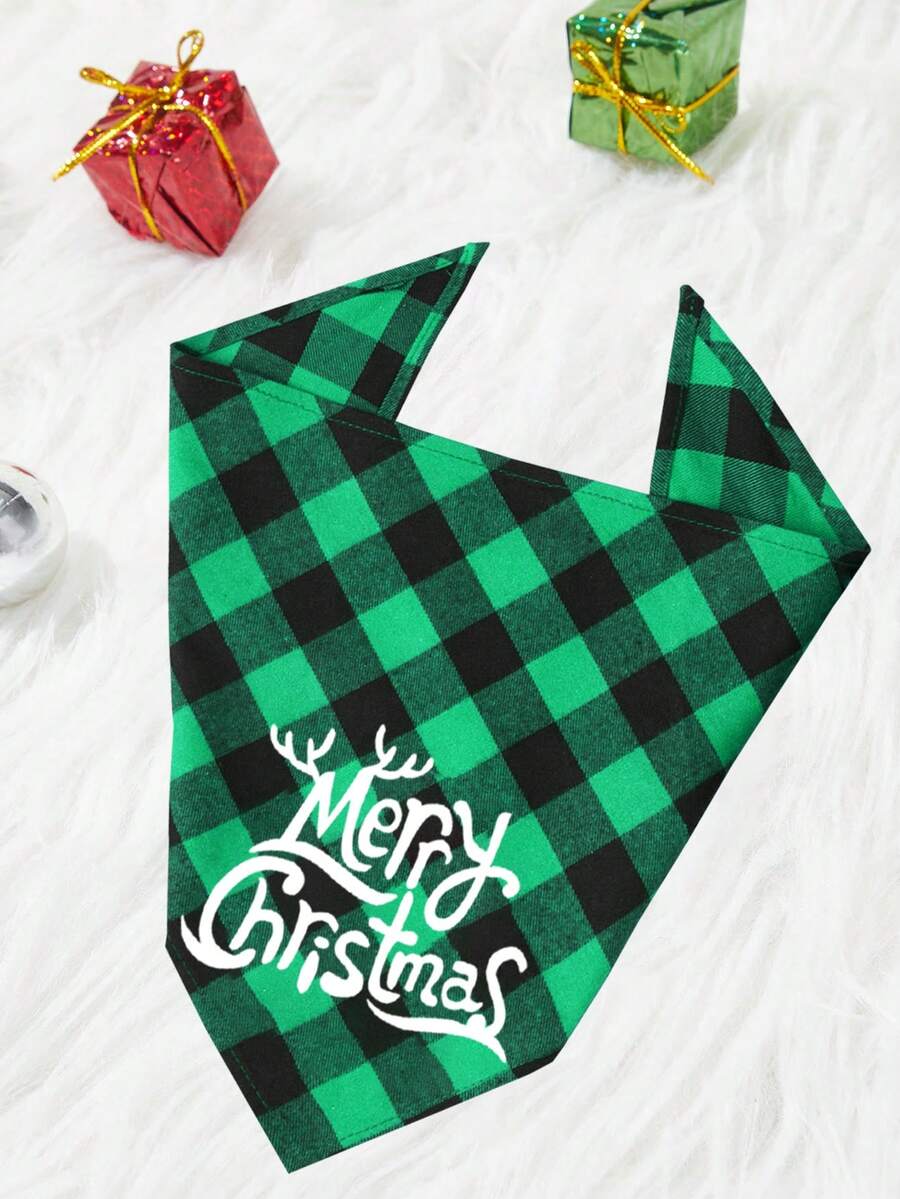PETSIN Christmas Pet Bandana With Santa Claus And Reindeer Pattern, Merry Christmas Pattern Pet Kerchiefs,Adjustable Xmas Theme Pattern Printing Dog Triangle Bibs Scarfs,Suitable For Small To Medium Dogs And Cats, Machine Washable - 橄欖綠 - 查看 1