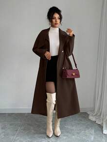 Elenzga 女士纯色双排扣羊毛大衣，时尚通勤，秋冬 - 咖啡棕 - 查看 6