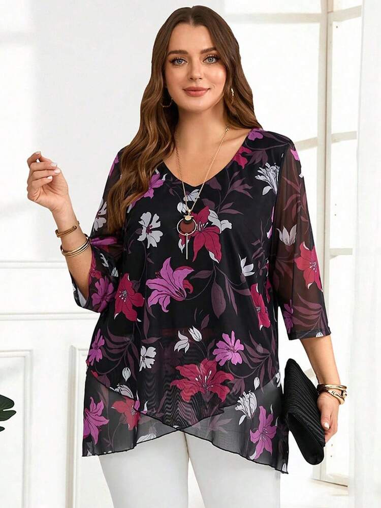 Plus Size Casual Floral Print Wrap Hem Blouse Spring For Women Bridal Shower Elegant Mesh Floral