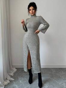 Modelyn 女式高领紧身针织开衩连衣裙，秋冬 - 淡綠 - 查看 5