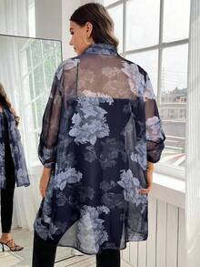 SHEIN Clasi Áo cánh mỏng họa tiết hoa thường ngày và đi làm cỡ lớn - Màu xanh lam - Xem 2