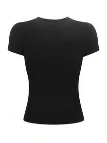 Jouncy 女式刺绣骑士图案圆领修身T恤 - 黑色 - 查看 2