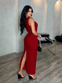 SHEIN SXY Women's Khaki Elegant Minimalist Square Neck Sleeveless Fitted Maxi Dress, Professional/Office/Commute/Formal Wear Bodycon Midi Dress Bandage Dress For Women Bodycon Summer Dress,Dresses For Women Party,Christmas