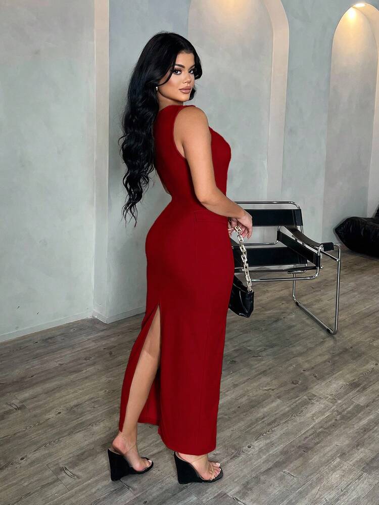 SHEIN SXY 女式卡其色优雅简约方领无袖修身长裙，适合职业/办公室/通勤/正式场合 - 紅色 - 查看 3