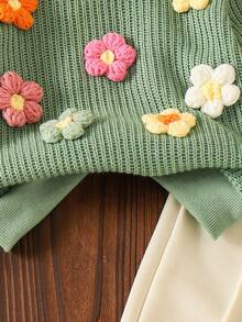 SHEIN Vintaside Kids 女婴蓝色针织3D花卉套头衫+直筒裤套装，秋冬