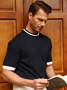 Manfinity Homme Plus Size Men's Solid Color Patchwork Round Neck Short Sleeve Casual Men's Fitted Knit Top Suitable For Everyday Wear - Navy Blue - View 3