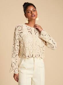 Travachic Cardigan décontracté à manches longues et ajouré pour femmes, léger, pour l'automne. Hauts au crochet pour femmes, pour les fêtes de Noël, le Nouvel An, les invités de mariage, la remise des diplômes élégante, le bal de promo de luxe, le style décontracté - Nude - Voir 1