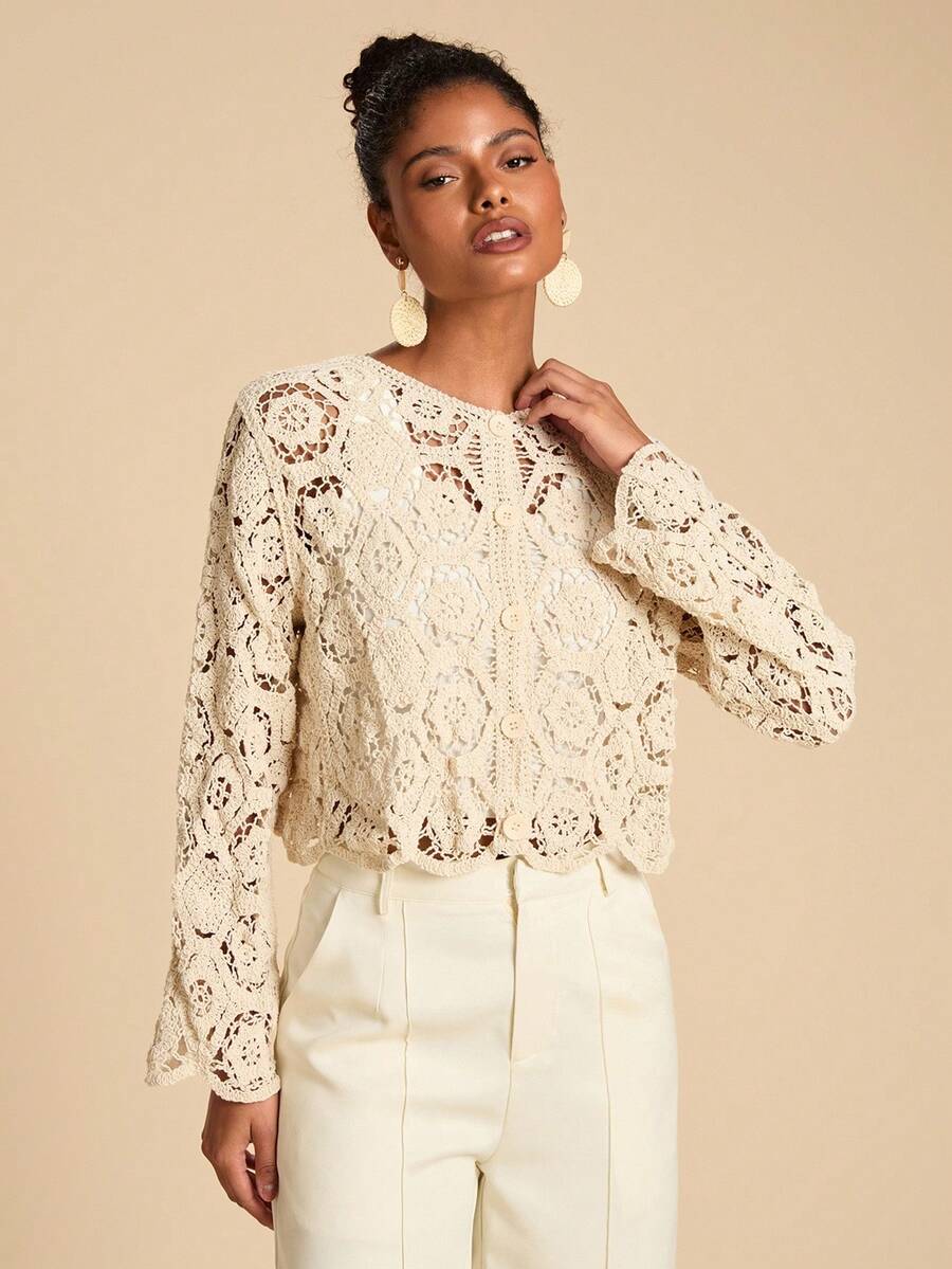 Travachic Cardigan décontracté à manches longues et ajouré pour femmes, léger, pour l'automne. Hauts au crochet pour femmes, pour les fêtes de Noël, le Nouvel An, les invités de mariage, la remise des diplômes élégante, le bal de promo de luxe, le style décontracté - Nude - Voir 1