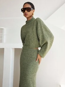 SHEIN Luminelle 高领蝙蝠袖毛衣和针织裙 - 綠色 - 查看 7