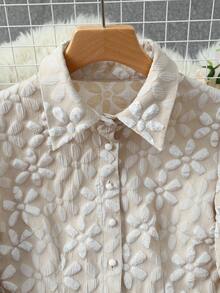 SHEIN Clasi Camisa de mujer con cuello de solapa, cuello vuelto, apertura frontal, diseño de cintura, manga abullonada, manga larga, estilo elegante de alta gama, adecuado para estudiantes, maestros, Acción de Gracias, Halloween, viaje versátil, nueva prenda de moda esencial de otoño, diseño petite, blusa corta regular - Albaricoque - Ver 6