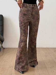 DAZY Jeans a zampa di leopardo stile cowgirl occidentale, pantaloni casual da strada alla moda per donne, stile Y2K autunno/inverno - Castano - Visualizzare 3