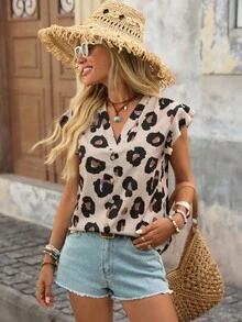 SHEIN LUNE Áo cánh tay ngắn cổ chữ V họa tiết da báo rộng rãi phong cách nghỉ dưỡng cho nữ, phù hợp cho mùa hè - Nhiều màu - Xem 7