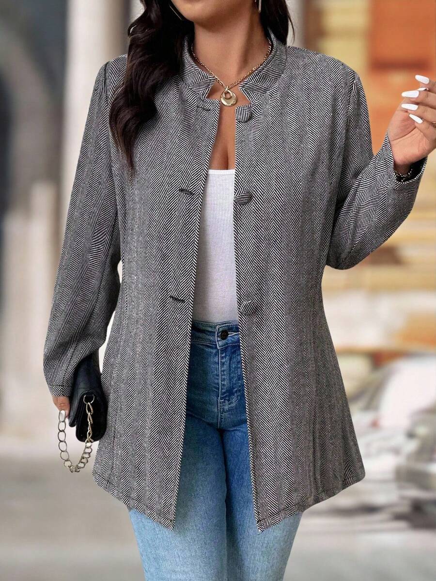 EMERY ROSE Women's Plus Size Casual Stand Collar Mid-Length Herringbone Jacket Winter Fall Autumn - Multicolor - View 1