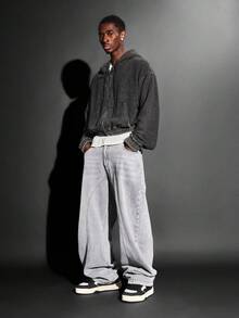 SUMWON 纯棉高级阔腿宽松牛仔裤，街头风高腰灯笼裤，独特褪色设计，纯色 - 灰色 - 查看 1