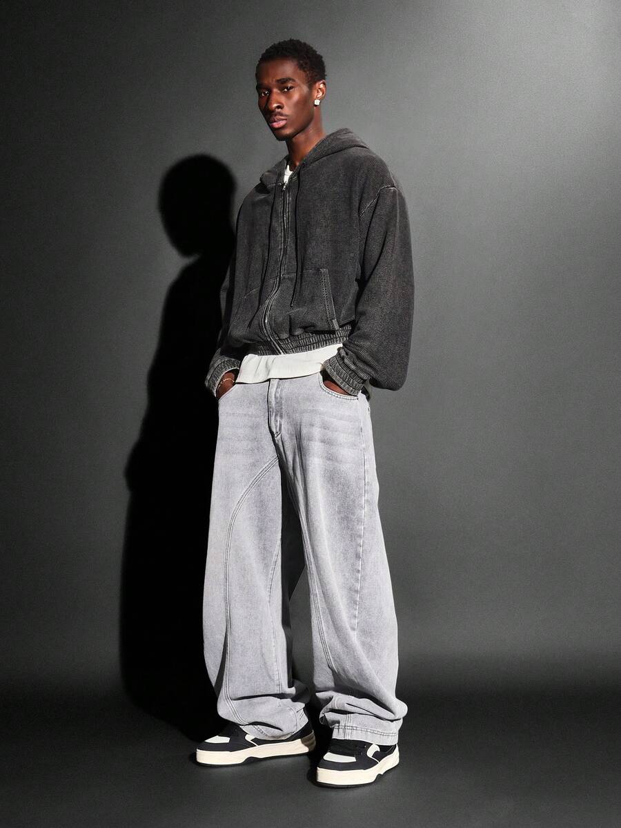 SUMWON 纯棉高级阔腿宽松牛仔裤，街头风高腰灯笼裤，独特褪色设计，纯色 - 灰色 - 查看 1