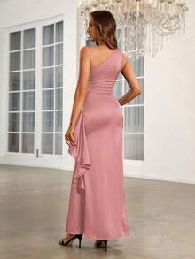 SHEIN Belle Adult Elegant Bridesmaid Dress With Ruffle Detail, Asymmetric Neckline, Sleeveless - Dusty Pink - View 2
