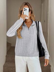 Easowa T-shirt décontracté vintage pour femmes en tissu côtelé texturé et doux avec col zippé - Gris - Voir 4