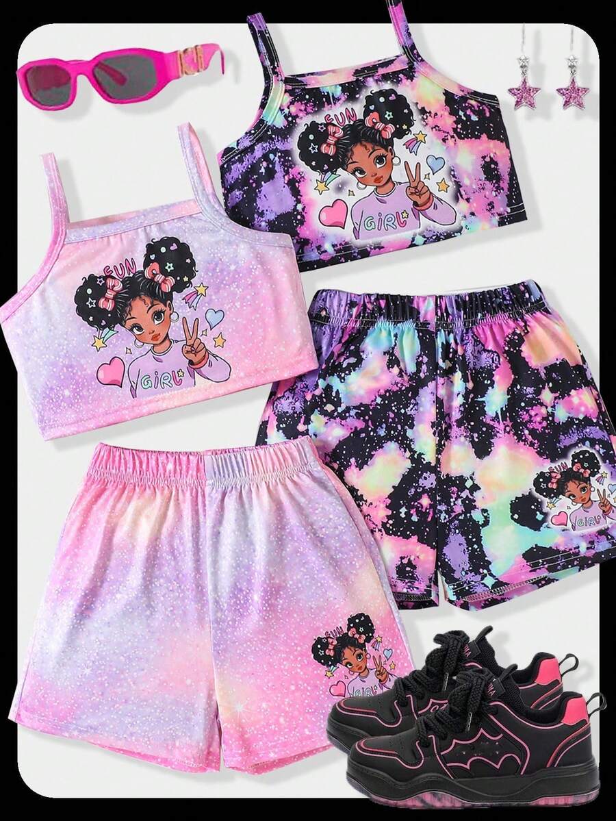 SHEIN 2pcs/Set Young Girl Camisole And Shorts, Summer Casual Outfit With Personalized, Featuring Space Graffiti Pattern Camisole Top And Matching Shorts, Suitable For Outdoor, Beach, Suitable For Girls