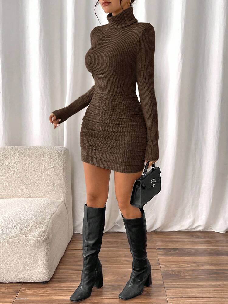 brown long sleeve turtleneck dress Long Sleeve Turtleneck Maxi Dress | Butter Rib